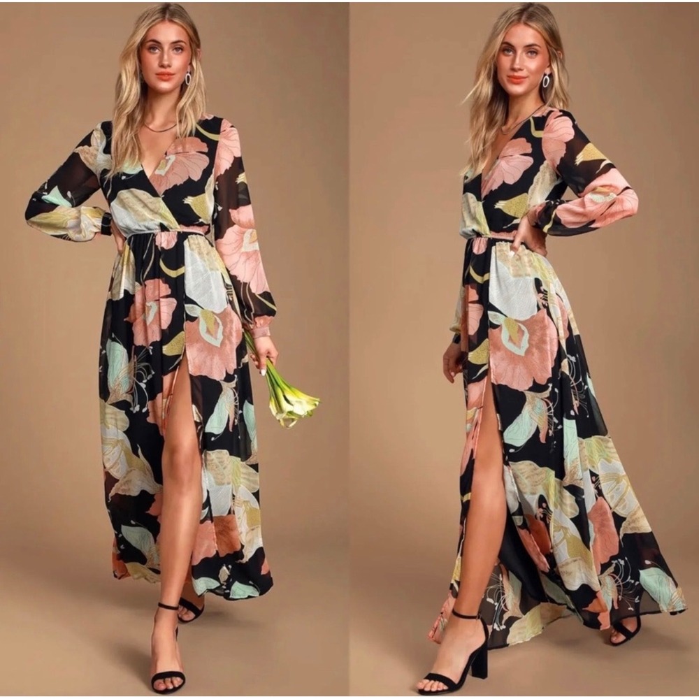 Lulus XS Black Floral Wrap Maxi Dress Boho Wedding Guest Slit - Picture 3 of 9